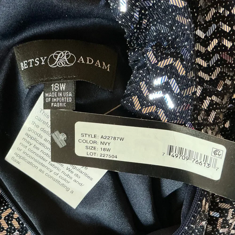 Betsy & Adam Sparkly Long Sleeve V-Neck Sheath Cocktail Dress Size 18W Navy Blue - Picture 10 of 13